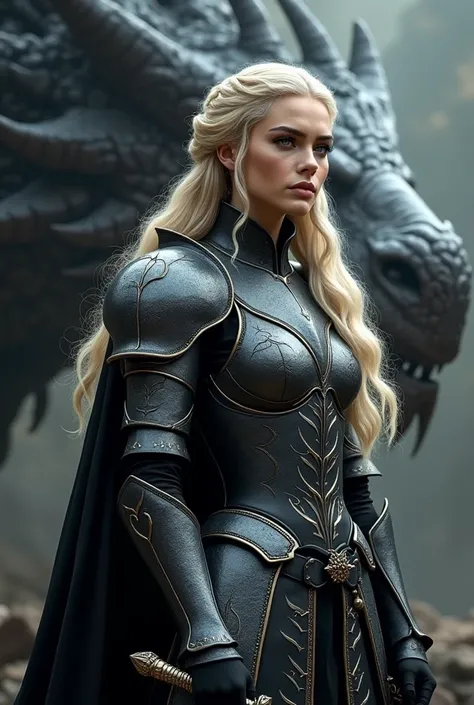 ((better qualitative)) , (detailed), Dazzling Visenya Targaryen, Black Dragon Armor, Black Sword, blonde hair girl，white robe，silver armor，Behind him the head of a giant dragon，Looks into the distance，ssmile，Golden students , a close-up of a dark ELF woman...