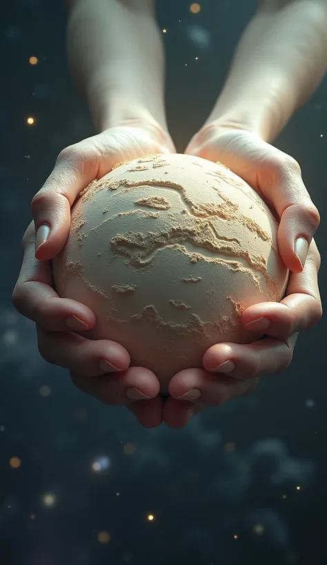 Shaping the Earth**: "Gods stand in universe and her hands gently taking shaping a small, spherical Earth, with mountains forming, valleys deepening, and oceans being carved into the surface of the freshly created planet."
 taking a realistic 3d  photo "Go...