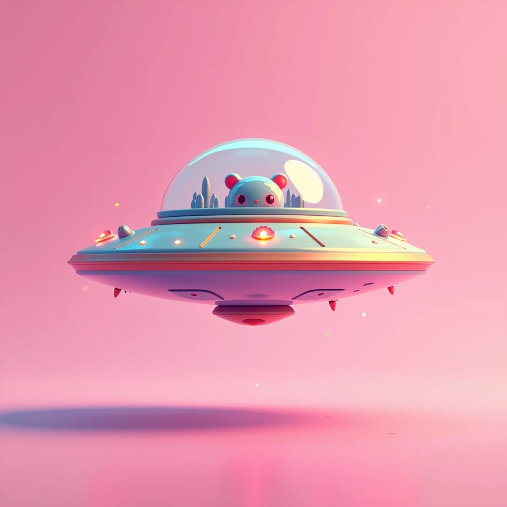 "A UFO cartoon spaceship floating in the air with a pink background."