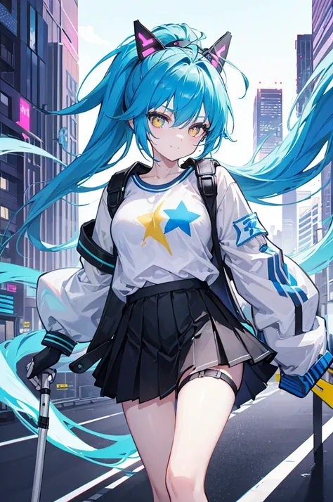 Face through torso, 1girl, cyberpunk, ponytail(hair between eyes, sky blue hair, ahoge), yellow eyes(star shaped pupils), small breasts, bright face, cheerful expression with mouth open in a wide grin, wearing white tracksuit jacket and black skirt, carryi...