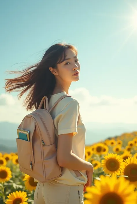 Skylight  full body sky light sunflower hill cool view, beautiful clean, sky clouds like a painting, there is a beautiful girl loose gradiasi hair carried by the wind , like a Korean wearing casual clothes ,short pant, who is feeling natural beauty, she we...