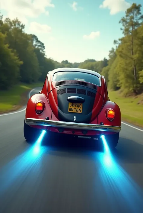 Génère une photo dune voiture coccinelle qui est dans un style du film retour vers le futur. Je souhaite voir les lumieres, les réacteurs à larriere comme ceux de la doloréane de doc. ainsi que les flash bleus qui apporte vers une autre année. La coccinell...