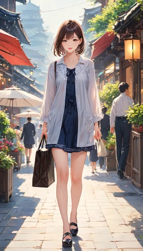 One Girl，Very detailed，High resolution，masterpiece，by_style，boyfriend_Have_hand，1 観客とhandをつなぐ少女，Walking while looking at me, Let me&#39;Take a walk on the bridge, From above,