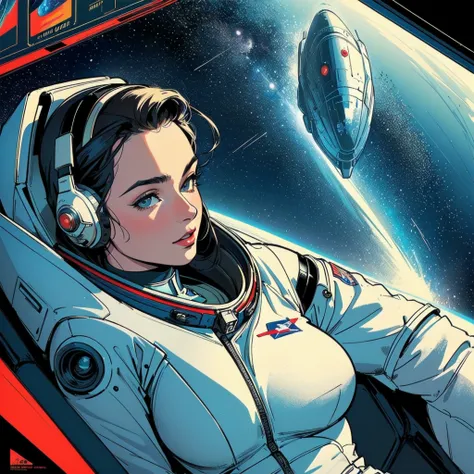 (((masterpiece, highest quality))),(((solo:1.2))),(((1girl:1.2))),60s,70s,80s,detailed perfect beautiful face,(detailed space-thriller movie poster),(((dynamic angle))),(Highly detailed futuristic astronauts),(American comic),(cleavage),(retro vintage cine...