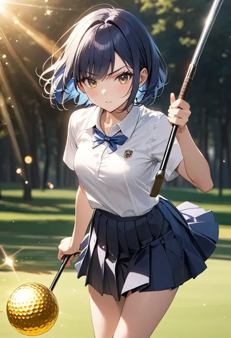 (masterpiece, best quality:1.1), a Girl shooting a super shot in golf, great swing, serious expression,((golden golf ball). The ball was decorated with shining effects.),nice shot!,whole body, BREAK wearing (white school blouse,darkblue pleated-skirt,brown...