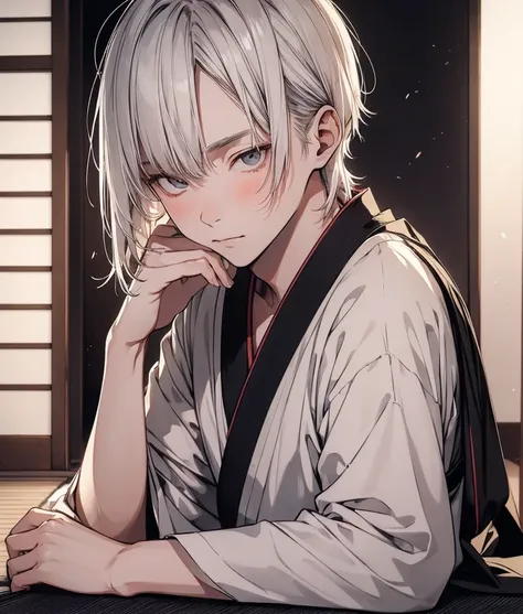 (young adult man:1.5),solo man,white hair, shoulder-length hair,straight hair, traditional Japanese male kimono in black, sitting, relaxed pose, looking slightly downward, smooth fair skin, indoor setting, tatami mat flooring, wooden sliding doors, predomi...