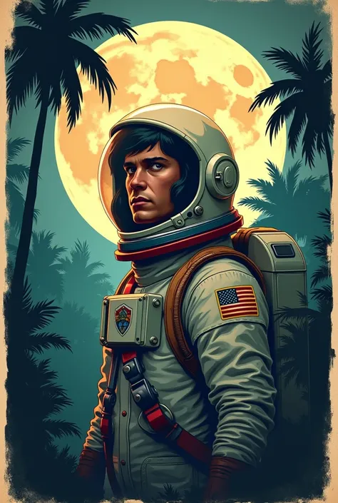 ((vintage poster)), portrait of Astronaut, silhouette jungle forest in background, full moon