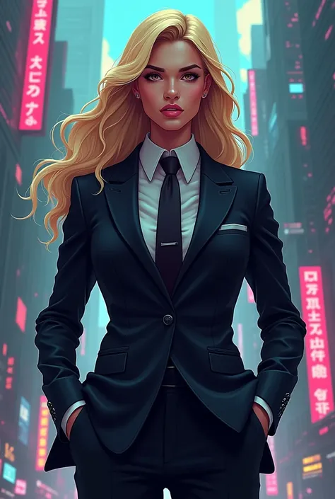  photo tall blonde lawyer with big brown eyes in cyberpunk and pixel art style --ar3:12--stylize750--v6