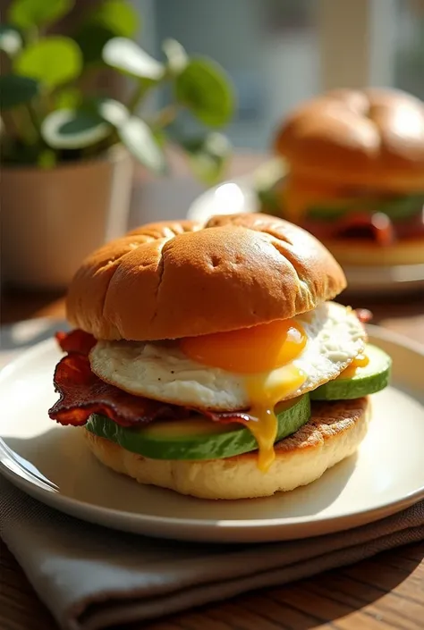 a beautifully plated avocado and egg breakfast sandwich, overhead view, fresh avocado slices, soft fried egg, crisp bacon, toasted brioche bun, morning sunlight, natural lighting, detailed food photography, mouthwatering, high definition, hyper realistic, ...