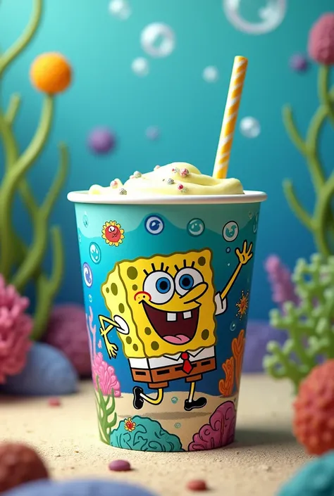 create a custom plastic cup from a Sponge Bob themed restaurant with the words animafood written on it