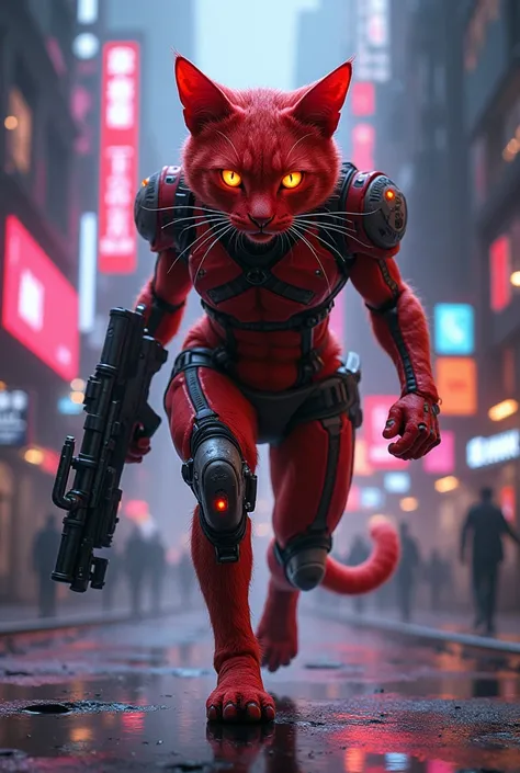 A red cyberpunk cat carrying a weapon