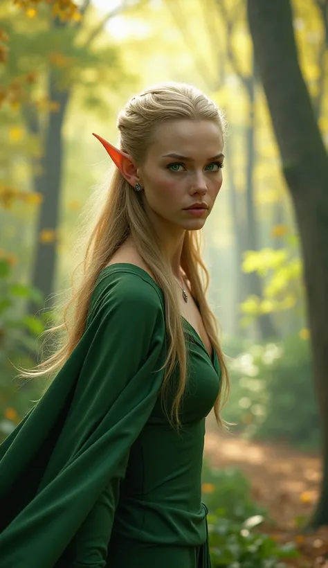 Tauriel, the elf from the Hobbit movie, best quality, ultra detailed CG Unity 8k wallpaper, floating, High resolution, dynamic pose, pretty face, (blue eyes:1.2, blonde hair:1.3, green clothes), Depth of field, White forest, golden leaves, Magic Light)