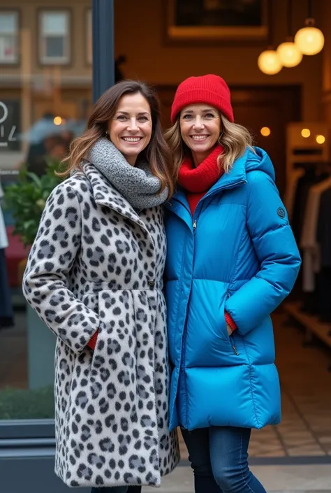 Two women in their 40s leave the BALIZZA women&#39;s clothing store in new coats. One woman is wearing a long grey coat in snow leopard print.,on the other a blue down jacket and a red beret. the mood is great 