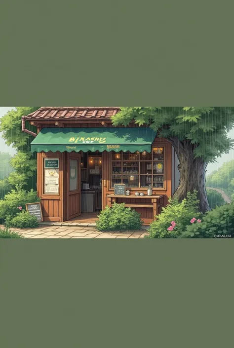 line-art painting of an coffee shop surrounded by green with the sign say "Bikachu Cafe", light rain outside, detailed texture