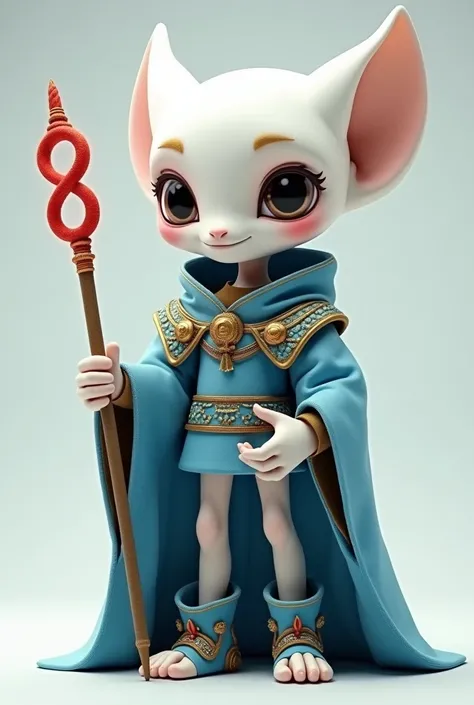 Super realistic illustration, Detailed Fantasy art, Cinema 4D rendering, Design a mascot character, full body. familiar presence with noble smile. Androgynous. Very curious eyes. White head and blue Artistic costume for mobility. A thick and long magic wan...