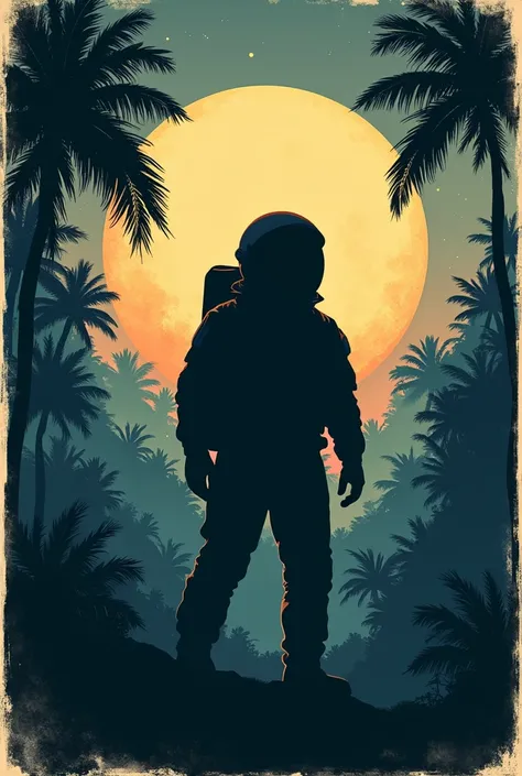 ((vintage poster)), space astronaut portrait, silhouette of jungle forest in background, full moon