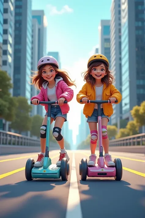 Two cute young teen sister on electric wheels