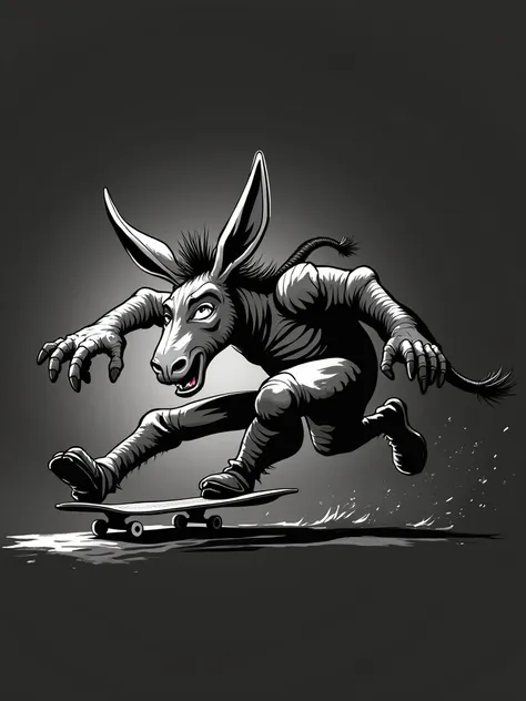 A donkey on a skateboard. Work in the style of the artist Victor Ufimtsev. Black and white colors graphics. On a transparent background 