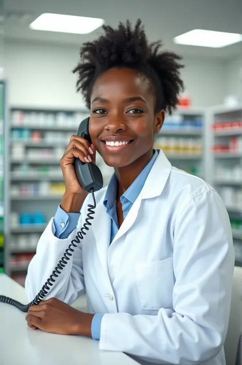 An image of a natural African-American pharmacist in a pharmacy with a white back, with a landline phone to her ear, smiling and looking straight at the camera. An image of photorealistic quality.