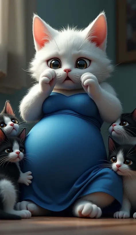 An athletic, pregnant white cat wearing a Royal blue dress in the style: Realistic, 3D, 4k. She has her paws on her face, eyes filled with tears, looking extremely scared. She is surrounded by her black and white kittens, with a dramatic emphasis on her fa...