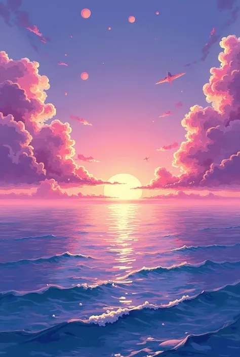 Draw a sunset sea with purple and pink clouds in dot style.