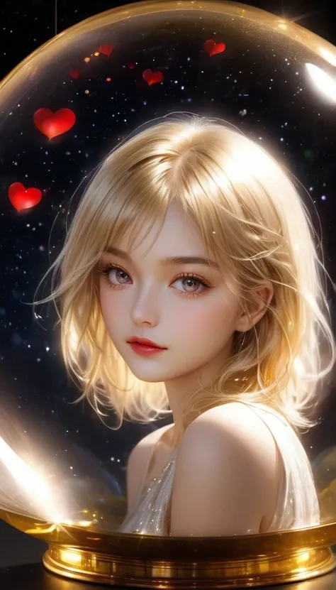 In a golden transparent glass bubble, Dark Star Background, Beautiful blonde 20 year old angel with a red heart, k resolution super detailed