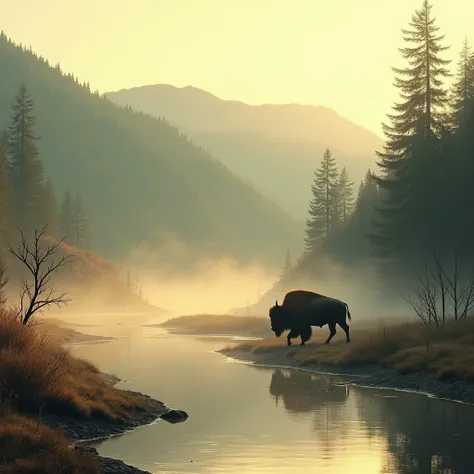 A photorealistic image of a vast, serene wilderness at dawn, with soft golden light illuminating the landscape. In the foreground, a majestic bison walks slowly along the banks of a misty river. The river is calm, with a thin layer of mist hovering above t...