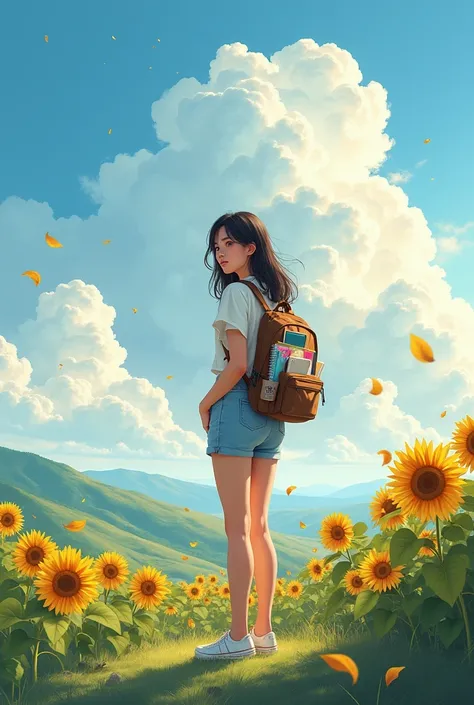 Skylight  full body sky light sunflower hill cool view, beautiful clean, sky clouds like a painting, there is a beautiful girl loose gradiasi hair carried by the wind , like a Korean wearing casual clothes ,short pant, who is feeling natural beauty, she we...