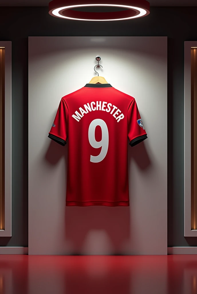 An empty football podcast studio with red jersey hang behind and a name writen at that back AdeManchester 