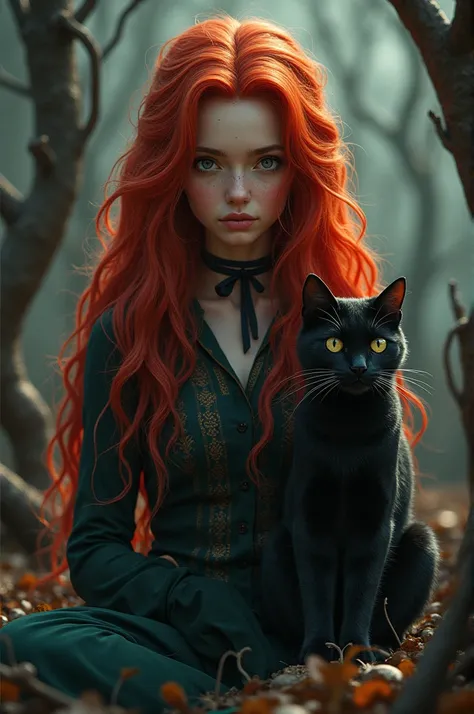 Baba Yaga is young, with red hair, With a cat 