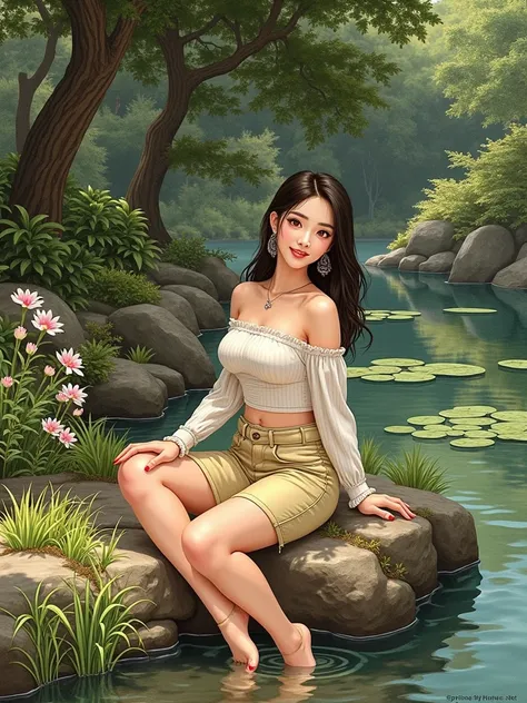 a beautiful asian woman, realisitic, natural, sitting on the ground in a park near a lake, casual smile, sexy outfit, (best quality, 4K, 8k, high resolution, Masterpiece artwork: 1.2), [detailed, (realisitic, fotorrealisitic, fotorrealisitic: 1.37), natura...