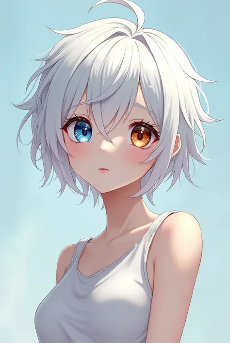 Anime girl with very short white hair and heterochromia 