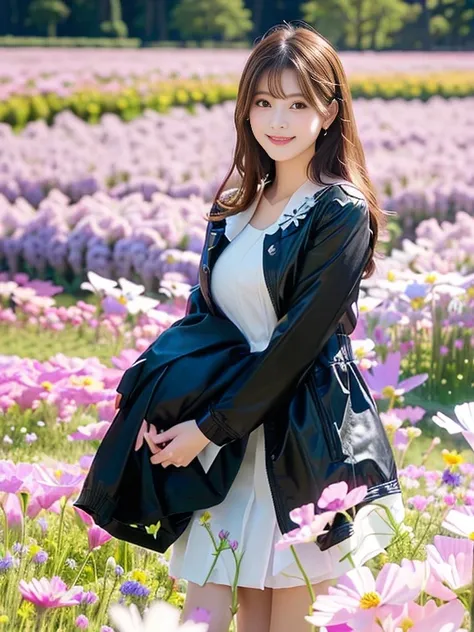 Photo-realistic quality、Standing in a cosmos flower field holding a black jacket, Standing in a flower field, girl Standing in a flower field, Girl in the flower garden, White dress and mini skirt 、 In the flowering field、Looking at the camera、Detailed and...