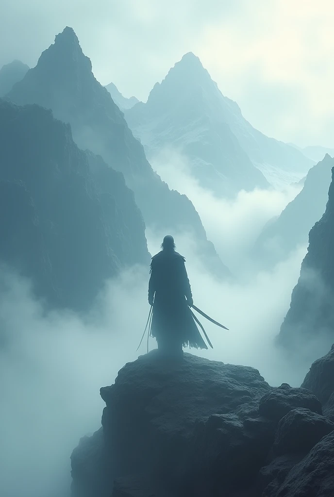 Une silhouette éthérée de Pema lhomme guerrier disparaissant dans la brume de la montagne, avec une aura de mystère.