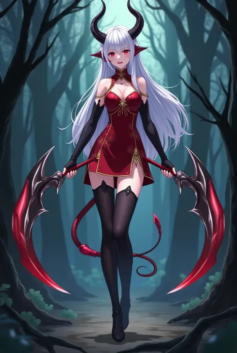 A genshin impact style anime demon girl in the forest at night. She has black horns and tail,pale skin,long white silky loose hair and big scarlet eyes and full Red lips in a serious and manacing gaze. Her sensual hourglass figure with a vaporous chest Is ...