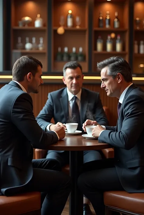 Three executives in suits, drinking coffee in a fancy bar

