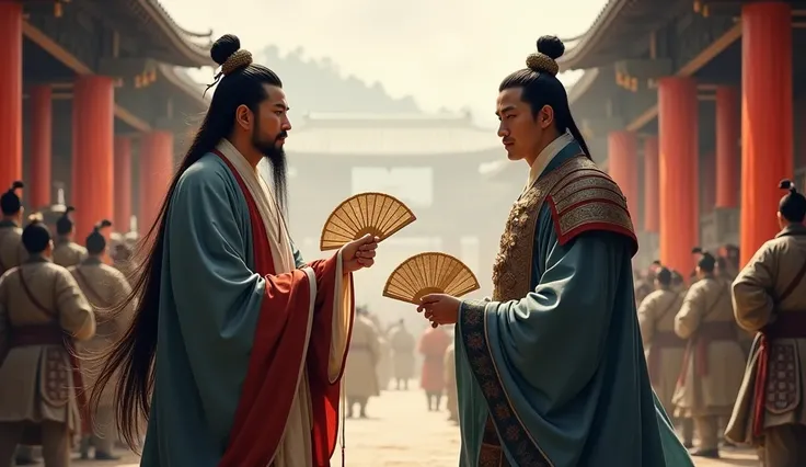 Xun Yu of the Three Kingdoms period, Holding a fan, discussing politics with Cao Cao in the barracks