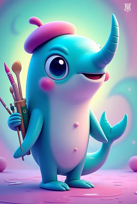 Description: Generate a mascot for SeaArt AI featuring a playful, anthropomorphic narwhal with a sleek, modern design and gradient colors from blues to purples greens. narwhal has large, expressive eyes and wears a painter’s beret. It holds a digital table...