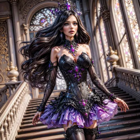 (Extreme HDR) (brightness FX) (Rainy) Photo of an asian woman gigantic Breast white skin with long hair flowing in the wind, wearing a black batik patterned costume, a V-cut strapless corset style batik dress made of carbon patterned satin, a very narrow a...