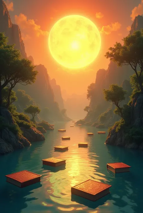 create a drawing of a sun with a river full of books 