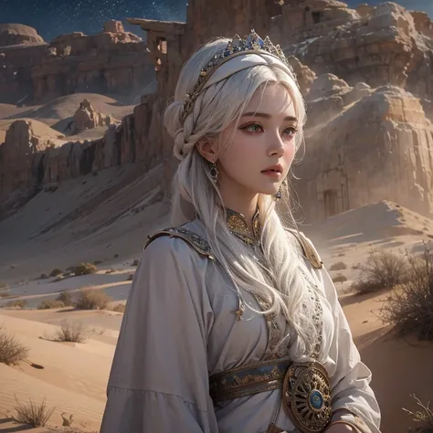 (Best Quality、masterpiece、8k、Best image quality、Ultra-high resolution、Award-winning works)、A beautiful white-haired woman watches over us from afar in the desert............, Where the moonlight shines.、Ancient Islamic clothing、Beautifully detailed faces