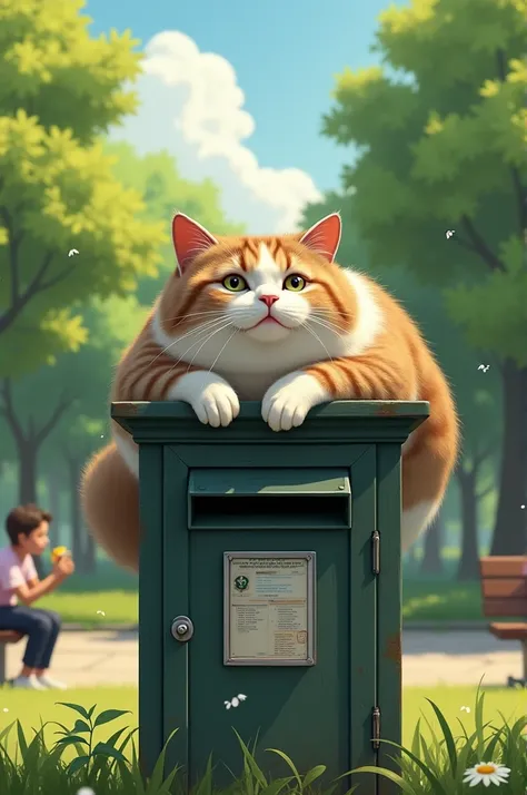 A fat and round cat with a mix of white, orange and grey fur. sitting on Post box in front of the boundary wall, in the park while Sit down bread and See the surrounding scenery