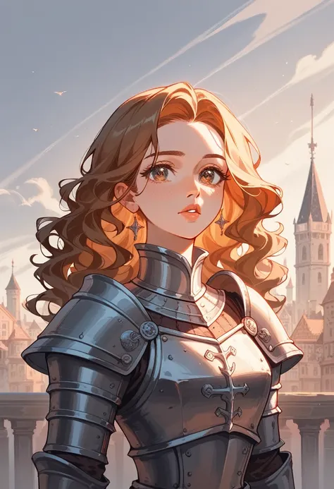 a medieval girl in armor, brown wavy hair, standing in front of a city gate, (best quality,4k,8k,highres,masterpiece:1.2),1girl,beautiful detailed eyes,beautiful detailed lips,extremely detailed eyes and face,longeyelashes,medieval fantasy,ornate armor,cit...