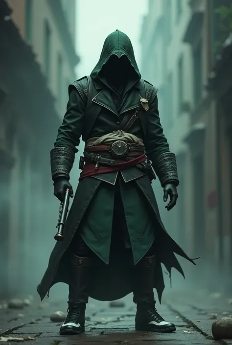 An assassin from "assassins creed", green and black mixed dressed, a gun in one hand, hooded, face cant be seen, black white air Jordan shoe, smokey background.