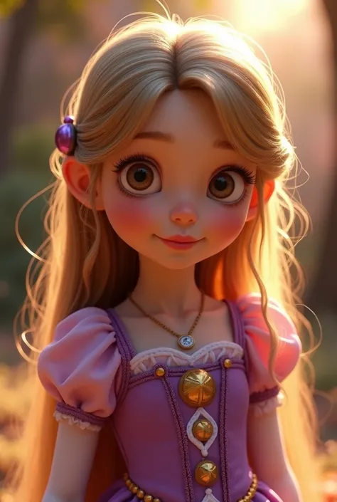 (Pixar style,((little  girl)),toddler face, white skin,beautiful ((hazel eyes)),((long light brown hair ((with bangs ))and golden highlights)) with rapunzel costume, detailed portrait,  detailed,realistic,photorealistic,cinematic lighting,vibrant colors,ma...