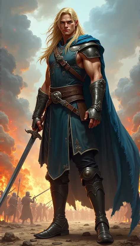 A realistic illustration of a 2 semi-fairy man, tall and athletic, with long blonde hair down to his chin and piercing blue eyes. He has fair skin and an elegant warrior’s physique, exuding both grace and strength. His full body is shown in a poised stance...