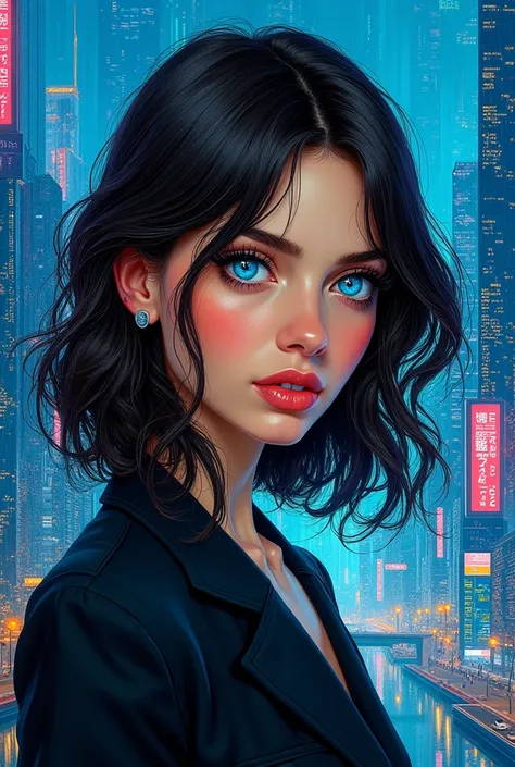  brunette lawyer with big blue eyes in the style of Van Gogh cyberpunk and pixel--ar3:2-stylize750--v6