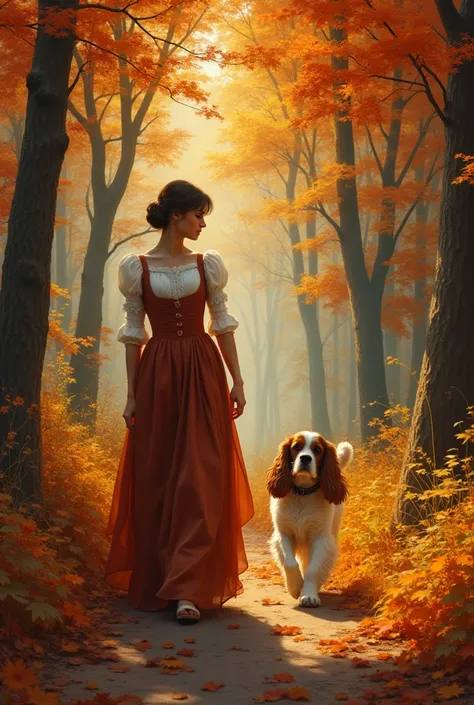 hyperrealistic, style léonard de vin ci. Femme et son chien cavalier King charles en promenade Décor de forêt automne Couleur chaude. 