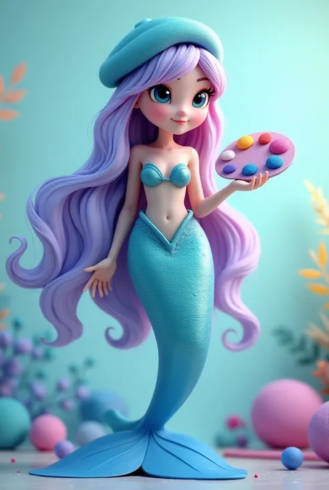 Description: Design a mascot for SeaArt AI featuring a graceful, anthropomorphic mermaid with a sleek, modern design and gradient colors from blues to purples and greens. The mermaid has large, expressive eyes and wears a painter’s beret. She holds a palet...