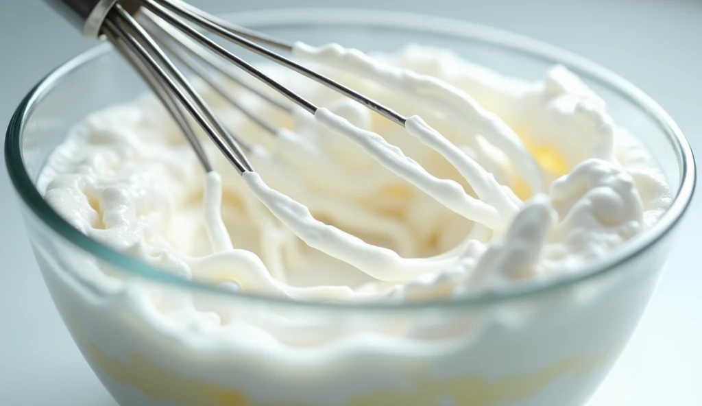 a close up shot of whisking 8 egg whites in a glass bowl, high quality, realistic, photo-realistic, professional, detailed, sharp focus, studio lighting, vibrant colors, beautiful liquid texture, dynamic motion blur, intricate details